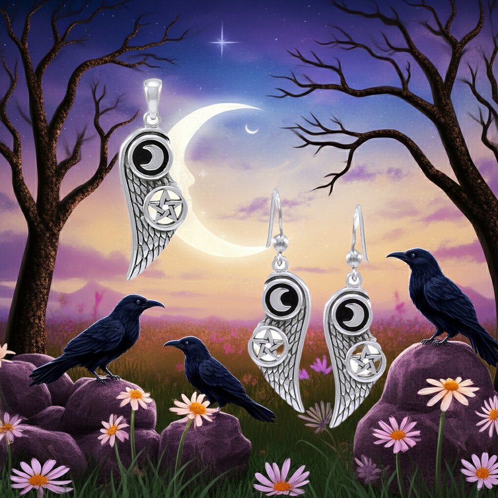 Wing With Crescent Moon And Pentacle Sterling Silver Earrings And Pendant Set